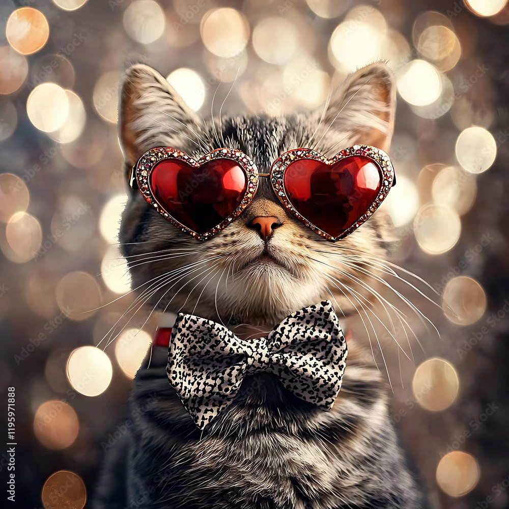 Fototapeta premium cute cat wearing heart shaped sunglasses and bow tie, exuding charm and playfulness
