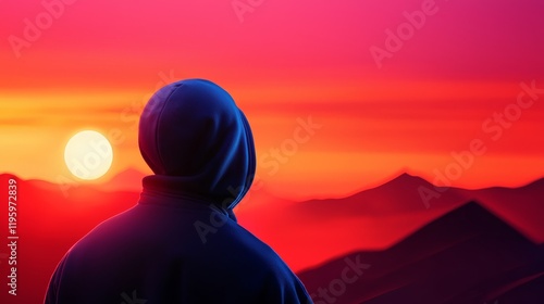 A vibrant, layered pop-art interpretation of a figure in a blue fleece jacket, set against abstracted geometric mountain shapes and a dynamic sunset gradient, bold outlines photo