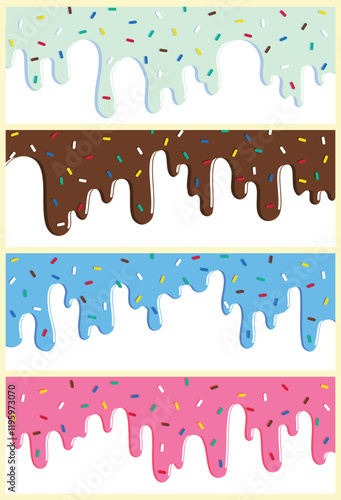 set of dripping delicious pink, blue and chocolate doughnut vector seamless glaze. Sweet dessert background illustration	