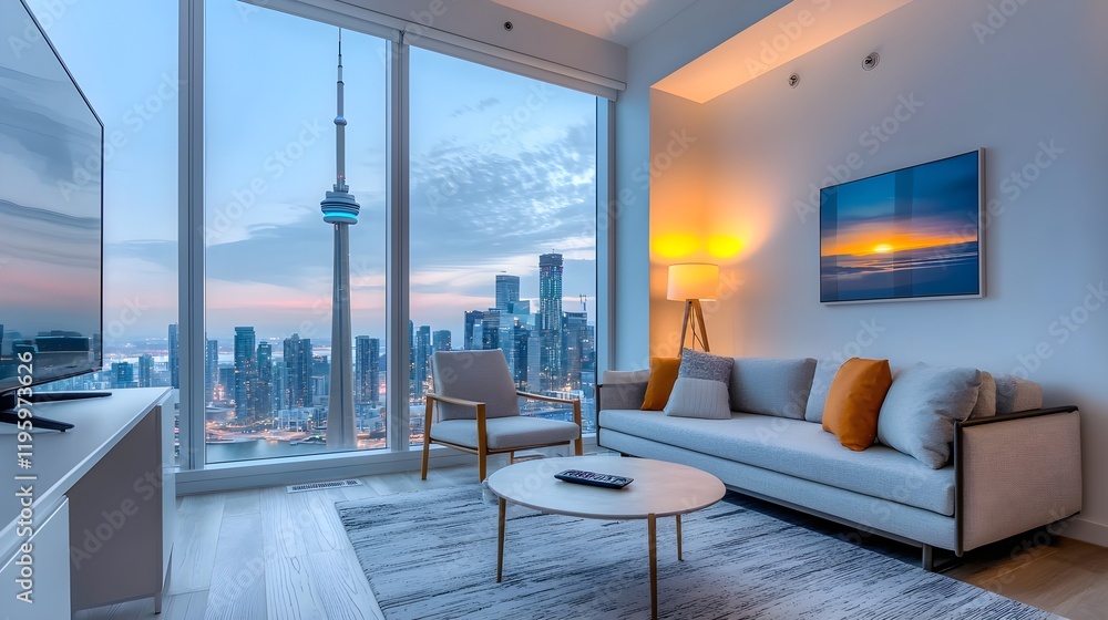 Fototapeta premium Open-concept condo living space, stylish furniture, panoramic city view