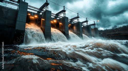 Hydroelectric power station generating electricity with flowing water