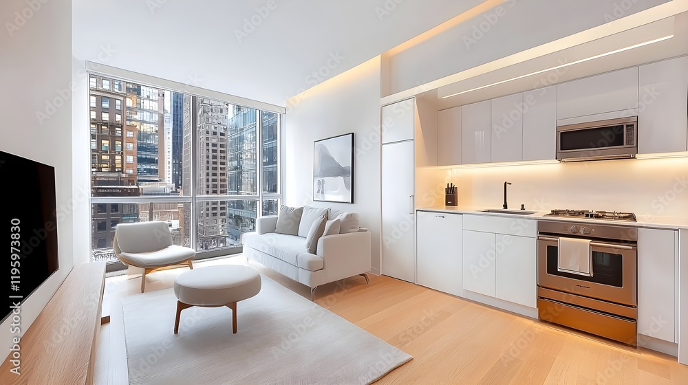 Fototapeta premium Open-concept studio with chic furnishings, sleek kitchen area, marketing focus