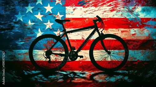 A close-up silhouette of a bicycle against the American flag, digital painting, vibrant red, white, and blue tones, dynamic lighting, patriotic mood photo