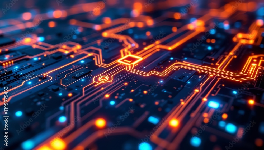 Futuristic circuit board with glowing traces in neon lights Futuristic circuit board with glowing traces in neon lights