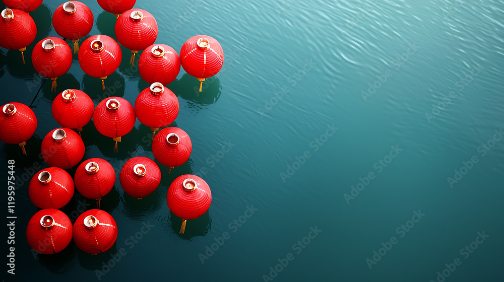Fototapeta premium serene view of river filled with floating red lanterns, creating tranquil atmosphere