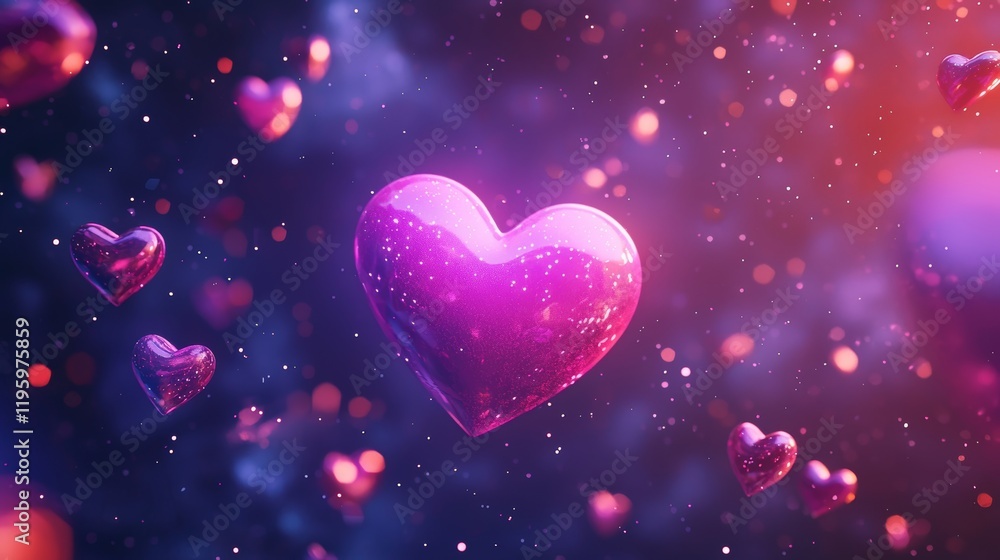 A central pink heart floating in zero gravity, surrounded by smaller hearts, glowing holographic textures, cosmic background with stars, ultra-realistic rendering A central pink heart floating in zero gravity, surrounded by smaller hearts, glowing holographic textures, cosmic background with stars, ultra-realistic rendering