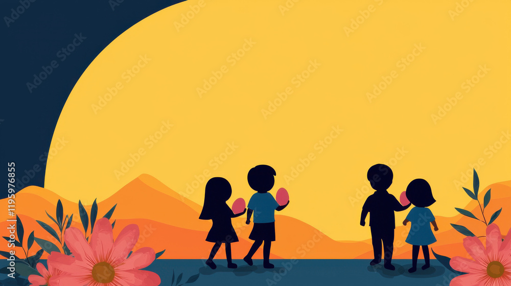 Silhouettes of children enjoying a sunset, surrounded by flowers and mountains, conveying themes of joy, friendship, and nature. Silhouettes of children enjoying a sunset, surrounded by flowers and mountains, conveying themes of joy, friendship, and nature.