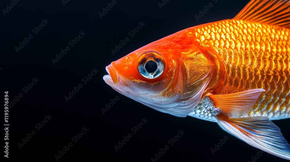 High-definition close-up of an orange and white fighting fish in profile view, set on a black background for a striking visual impact High-definition close-up of an orange and white fighting fish in profile view, set on a black background for a striking visual impact