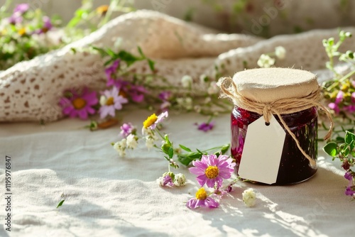 Rustic jar with blank wedding favor tag and wildflowers in elegant mockup setting