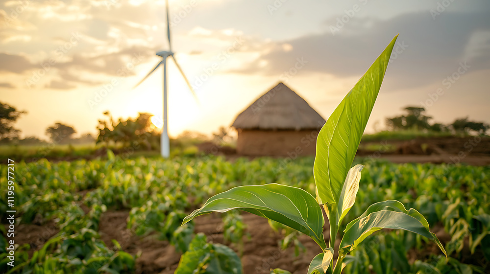 Obraz premium wind powered water pump enhances agriculture in rural village, showcasing green crops and traditional hut