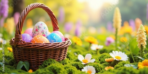 Colorful easter eggs in wicker basket amid lush spring flowers in sunlit garden photo