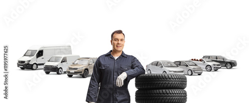 Auto mechanic worker in a uniform standing on a car parking and leaning on a pile of tires photo