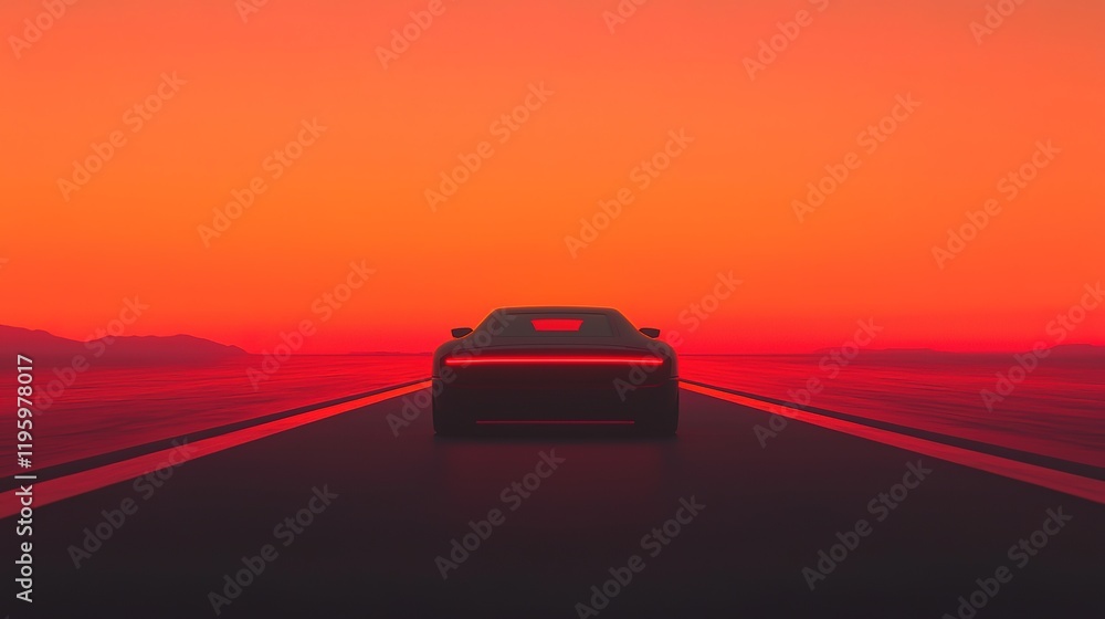 Fototapeta premium A sleek car speeding down a long, open highway with the sun setting on the horizon, illuminating the sky with orange hues