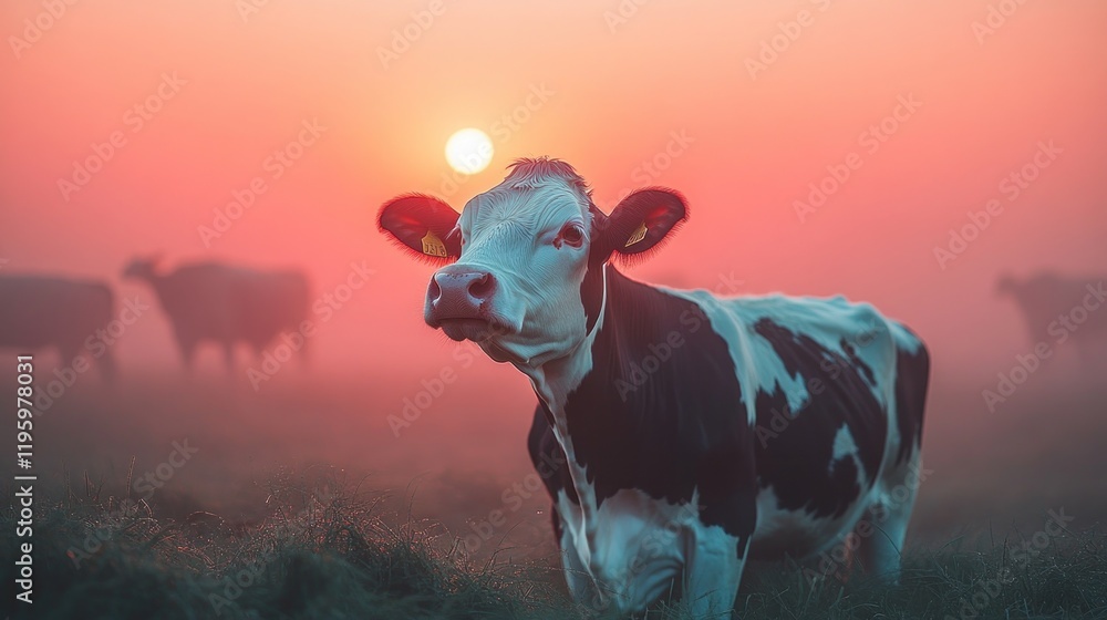 Sunrise Serenity: A Cow in Misty Meadow Sunrise Serenity: A Cow in Misty Meadow