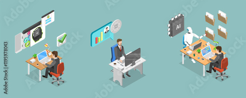 3D Isometric Flat Vector Illustration of Human Resources and AI, HR Managment Automation