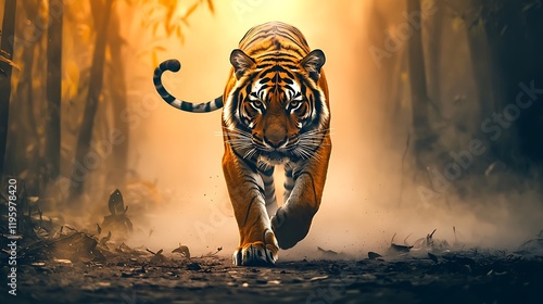 Majestic tiger approaching in bamboo forest sunset, wildlife poster photo