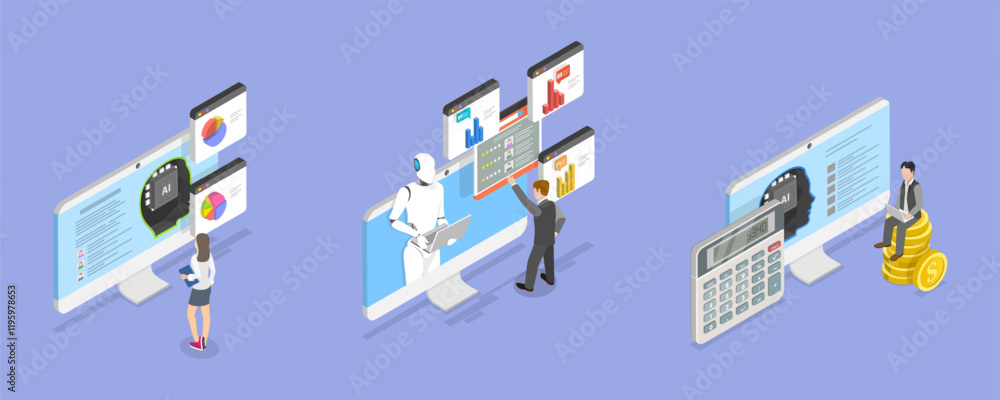 3D Isometric Flat Vector Illustration of AI In Human Resources , Robot HR Manager 3D Isometric Flat Vector Illustration of AI In Human Resources , Robot HR Manager