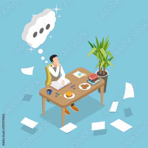 3D Isometric Flat Vector Illustration of Dreamy Author, Book Writing Process