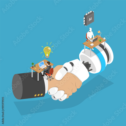 3D Isometric Flat Vector Illustration of Successful Human and AI Teamwork, Enhancing Work With Robot Assistance And AI Technology For Successful Results