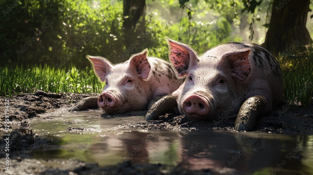 Two Pigs Relaxing in a Mud Puddle Two Pigs Relaxing in a Mud Puddle