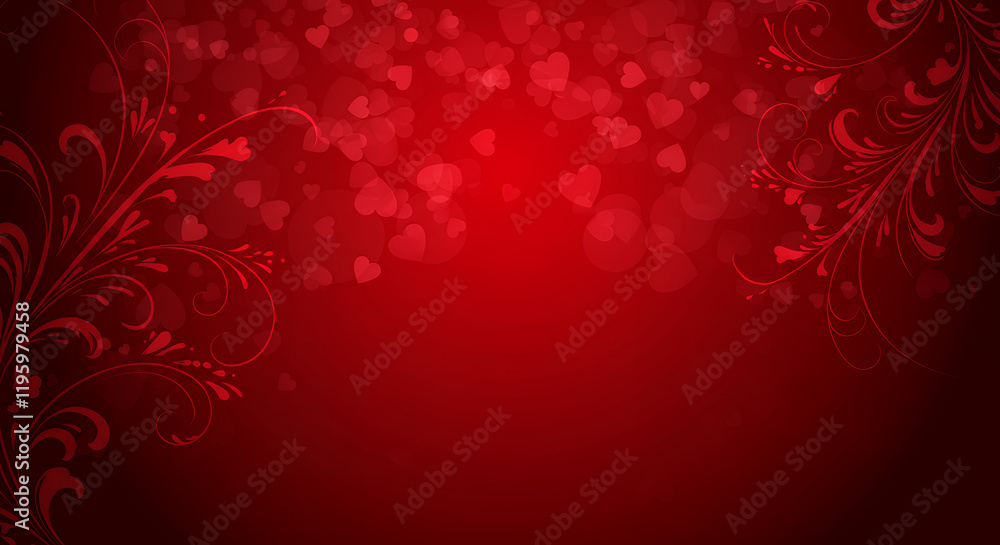 Romantic Red Valentine's Day Background with Floral Swirls and Hearts Romantic Red Valentine's Day Background with Floral Swirls and Hearts