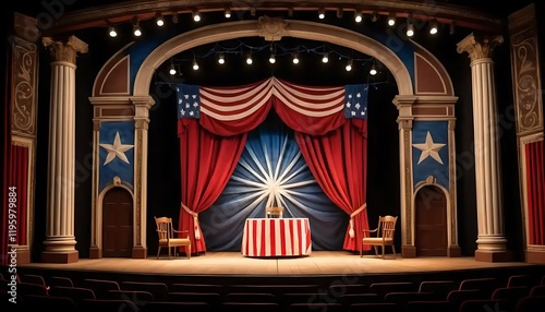Patriotic Theater Stage Set Design With American Flags