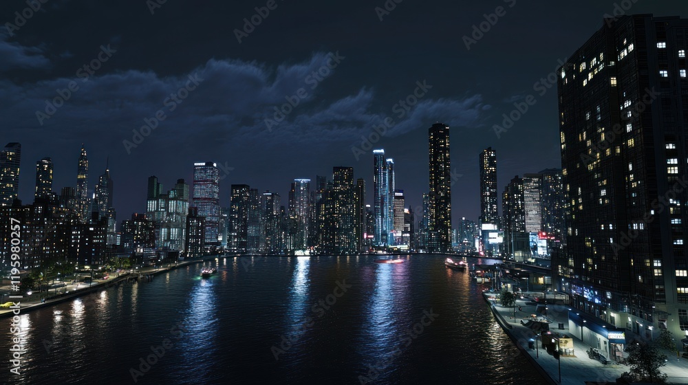 Fototapeta premium Cityscape at Night with Reflected Lights