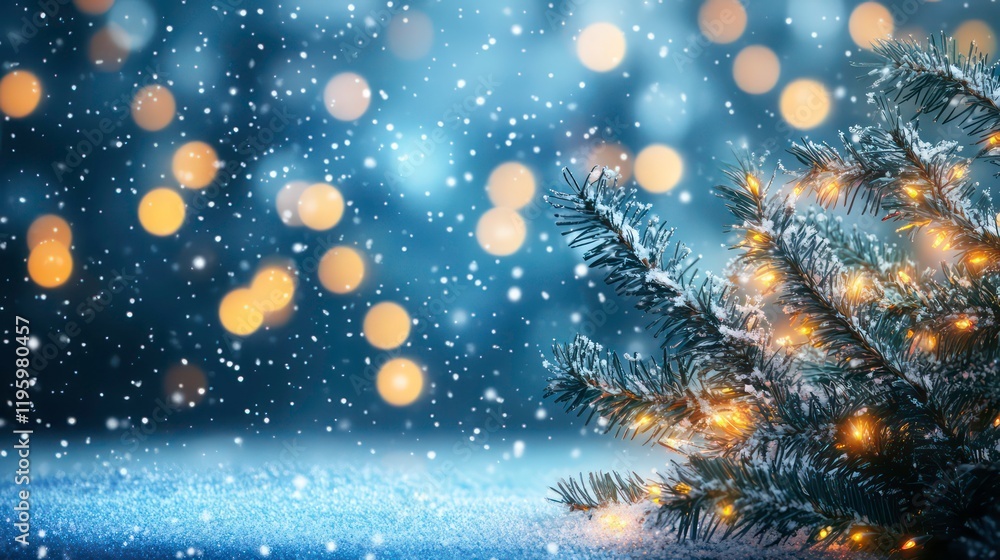 Naklejka premium Snowy Christmas tree branch with warm lights and bokeh background.