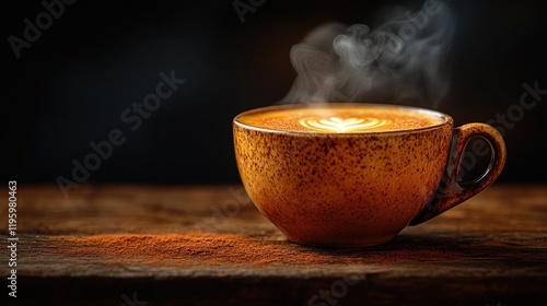 Wallpaper Mural Aromatic Steaming Cup of Latte Art Coffee on Rustic Wooden Table Torontodigital.ca