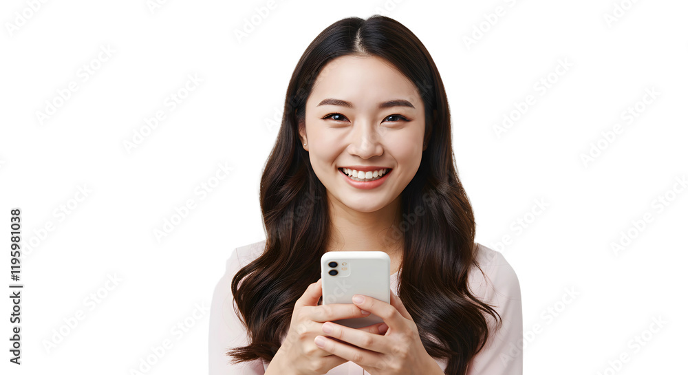 a beautiful young asian woman using smartphone and smiling on transparent background, png, girl using her phone png a beautiful young asian woman using smartphone and smiling on transparent background, png, girl using her phone png