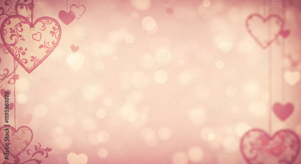 Romantic Pink Bokeh Background with Hanging Hearts for Valentine's Day Romantic Pink Bokeh Background with Hanging Hearts for Valentine's Day