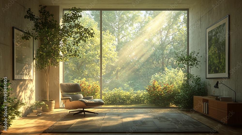 Sunlit modern room with large window, armchair, plants, and artwork. Sunlit modern room with large window, armchair, plants, and artwork.