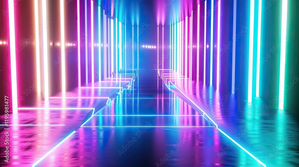 Vibrant neon lights illuminate a futuristic corridor with reflective surfaces. Vibrant neon lights illuminate a futuristic corridor with reflective surfaces.