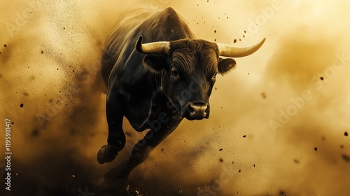A bull is running through a cloud of dust
