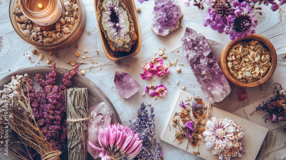 Fototapeta premium Serene Amethyst Crystal Healing Ritual Scene.
