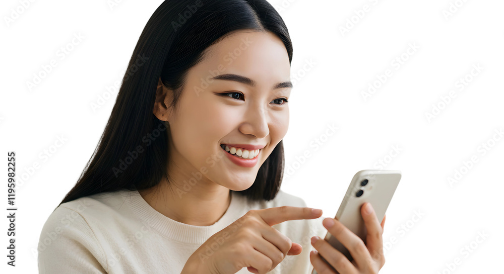 a beautiful young asian woman using smartphone and smiling on transparent background, png, girl using her phone png a beautiful young asian woman using smartphone and smiling on transparent background, png, girl using her phone png