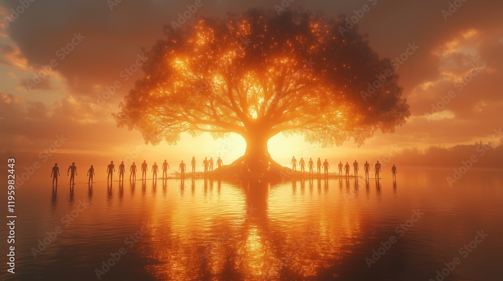 Silhouettes gather around a glowing tree at sunset near serene waters Silhouettes gather around a glowing tree at sunset near serene waters