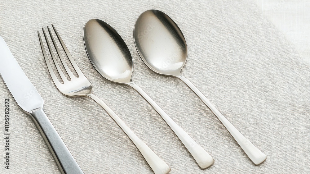 Silverware set on linen tablecloth, sunlit kitchen, dining Silverware set on linen tablecloth, sunlit kitchen, dining