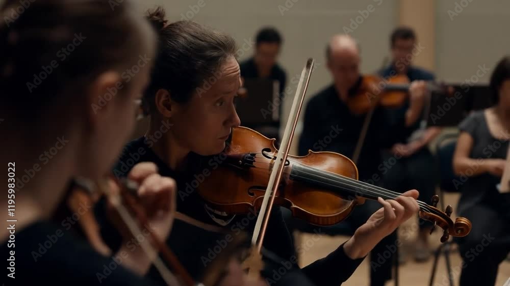 Musicians Perform an Orchestral Piece During a Rehearsal in a Concert Hall