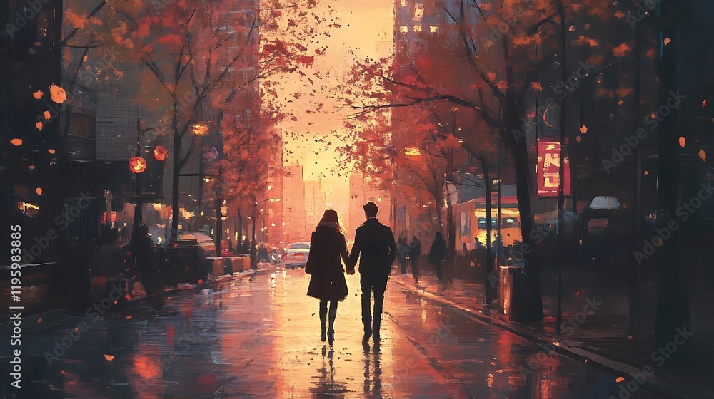 Romantic Couple Walking Autumn City Street Sunset Romantic Couple Walking Autumn City Street Sunset