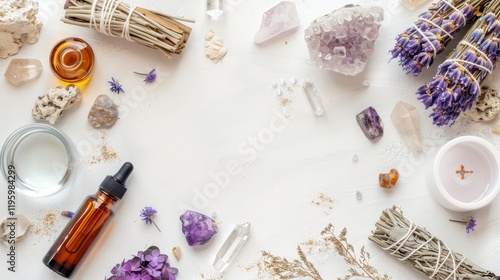 Flatlay of crystals, herbs, and essential oils for wellness and spirituality.