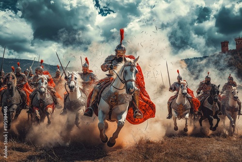 Knights Engaged In Fierce Battle On Horseback. Ancient Greek Mythology, Exquisite Ballet Performances, Vibrant Street Art, Serene Landscapes photo