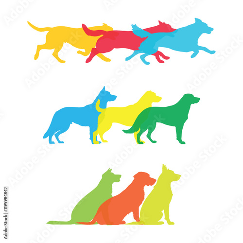 silhouettes of running dogs, sitting dogs and standing dogs