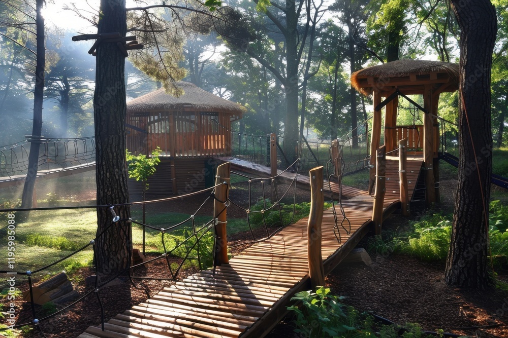 Misty morning at a sustainable wooden playground. Tree houses, rope bridges, and winding paths create a magical forest adventure. Natural design blends seamlessly with nature. Misty morning at a sustainable wooden playground. Tree houses, rope bridges, and winding paths create a magical forest adventure. Natural design blends seamlessly with nature.