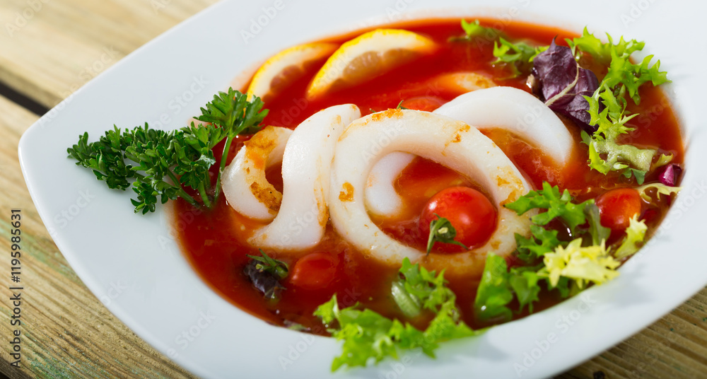Bowl with dish of Mediterranean cuisine - tomato soup with squid and greens Bowl with dish of Mediterranean cuisine - tomato soup with squid and greens