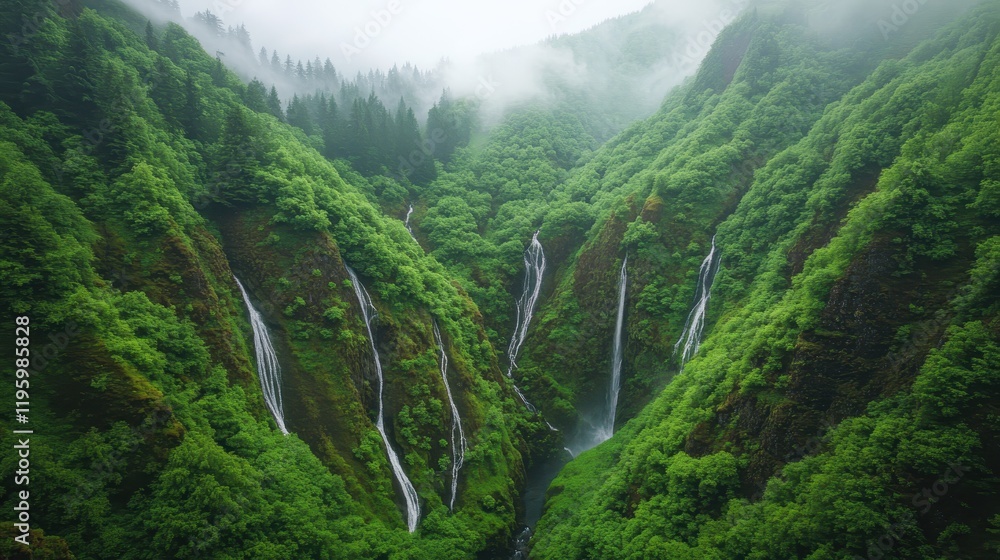 Naklejka premium Lush Green Valley Multiple Waterfalls Cascading Down