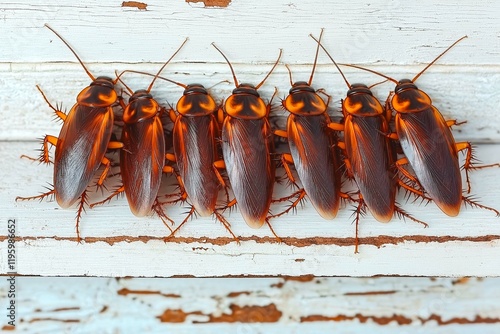 A lot of cockroaches are sitting on a white wooden shelf.The German cockroach (Blattella germanica). Common household cockroaches photo