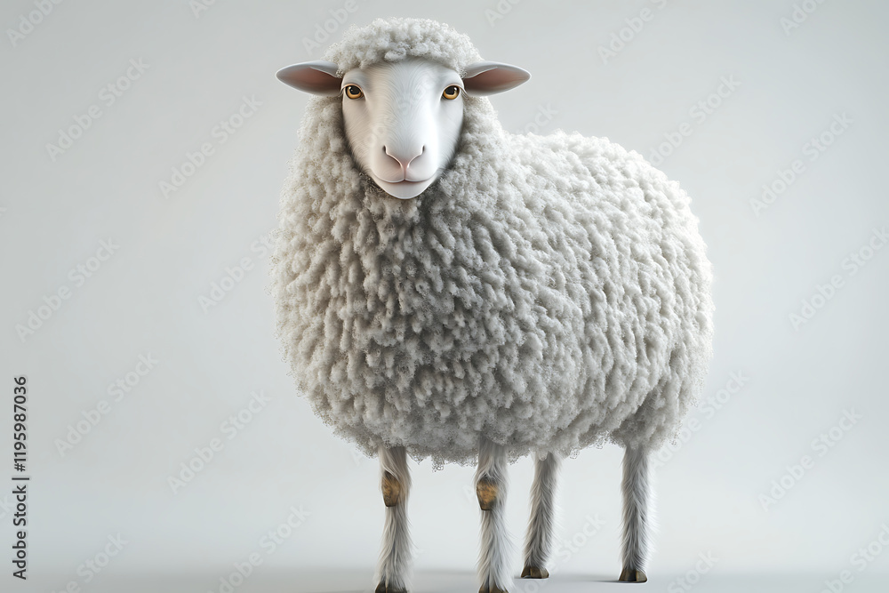 Fototapeta premium A fluffy, stylized sheep standing upright against a light background.