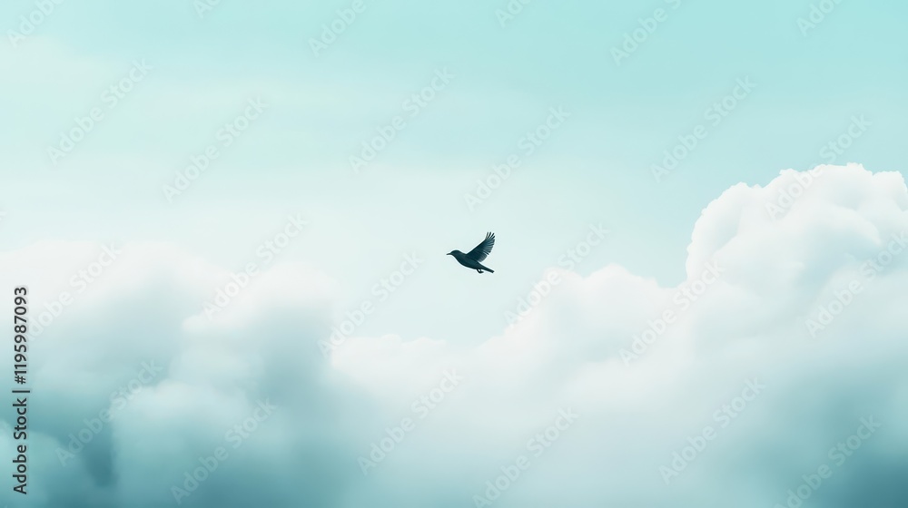 Fototapeta premium A bird flying through a polluted sky, grey clouds, symbolic of nature struggling