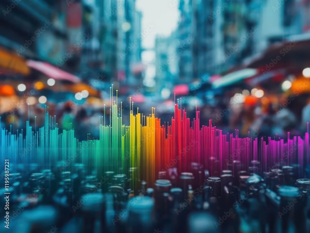 A bustling market with sound waves visualized as colorful chaos blending with the scene A bustling market with sound waves visualized as colorful chaos blending with the scene